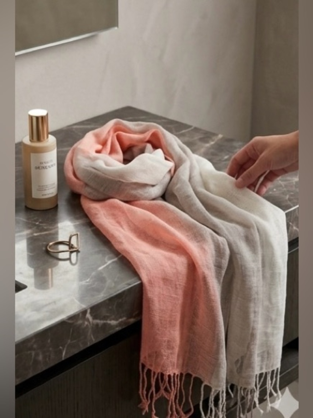 Free People Ombré Linen Scarf - Coral Tricolor Fringe Wrap / Sarong